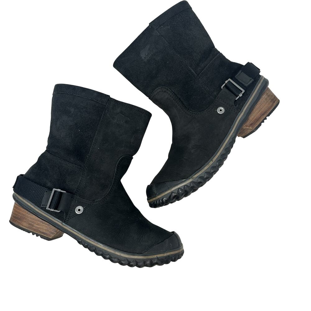 Sorel Slimshortie Waterproof‎ Leather Moto Boots Black Buckle Womens 9